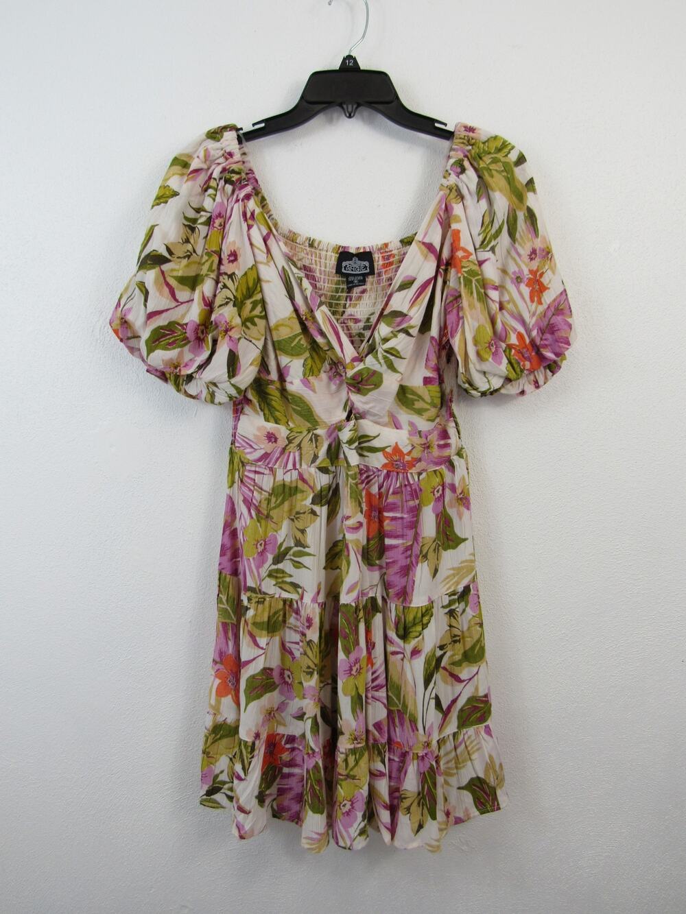 Angie Medium Puff Sleeve Floral Print Mini Dress Cream Multi Colored Print Twist